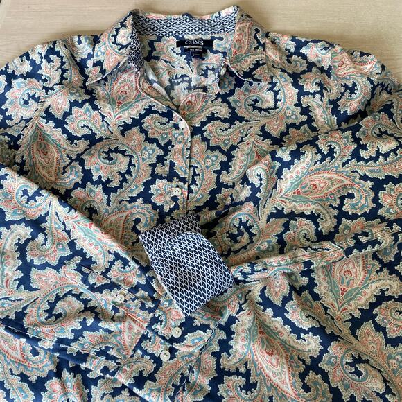 Chaps No Iron Paisley Button Up Shirt Women L Blue Long Sleeve Flip Cuffs Preppy - Picture 3 of 9